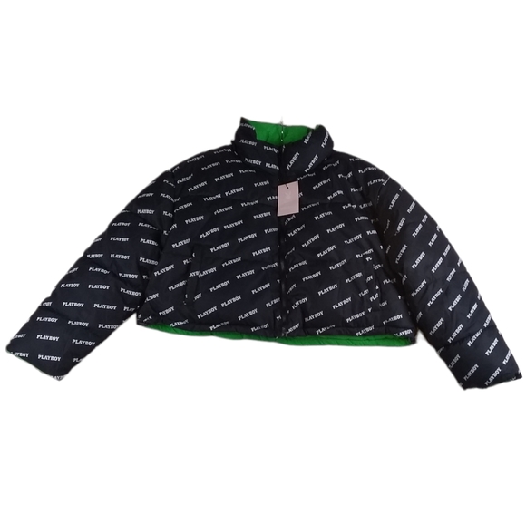 Missguided Playboy x Missguided Green Reversible Puffer Jacket - Women's Size 14, Multi